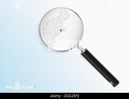 Magnifier with map of Rhode Island on abstract topographic background. Vector map. Stock Vector