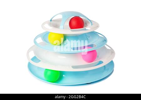 Interactive cat toy four level roller isolated on white background. Cat toy with colored plastic balls. Interactive Kitten Physical Exercise. Pet hunt Stock Photo