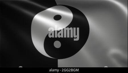 Yin Yang Flag, Chinese YinYang Flag with waving folds, close up view, 3D rendering Stock Photo