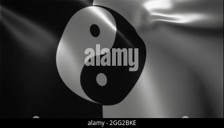 Yin Yang Flag, Chinese YinYang Flag with waving folds, close up view, 3D rendering Stock Photo