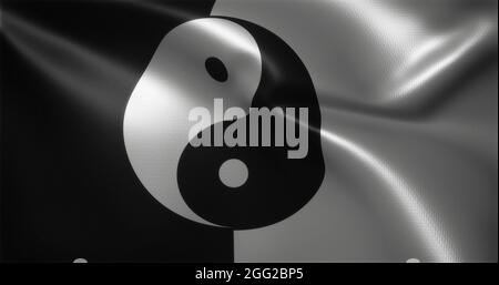 Yin Yang Flag, Chinese YinYang Flag with waving folds, close up view, 3D rendering Stock Photo