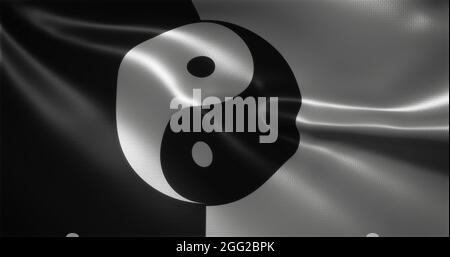 Yin Yang Flag, Chinese YinYang Flag with waving folds, close up view, 3D rendering Stock Photo