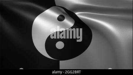 Yin Yang Flag, Chinese YinYang Flag with waving folds, close up view, 3D rendering Stock Photo