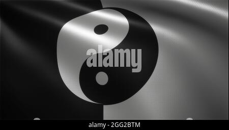 Yin Yang Flag, Chinese YinYang Flag with waving folds, close up view, 3D rendering Stock Photo