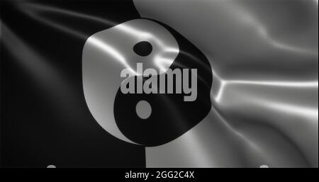 Yin Yang Flag, Chinese YinYang Flag with waving folds, close up view, 3D rendering Stock Photo