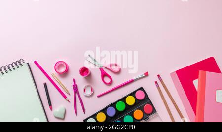 School office supplies background. Back to school. Pastel color stationery  flat lay, top view. Stock Photo by rawf8