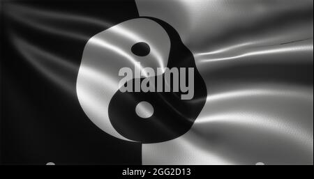 Yin Yang Flag, Chinese YinYang Flag with waving folds, close up view, 3D rendering Stock Photo