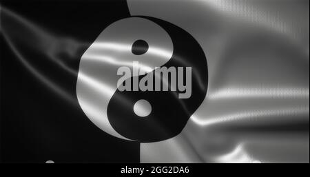 Yin Yang Flag, Chinese YinYang Flag with waving folds, close up view, 3D rendering Stock Photo