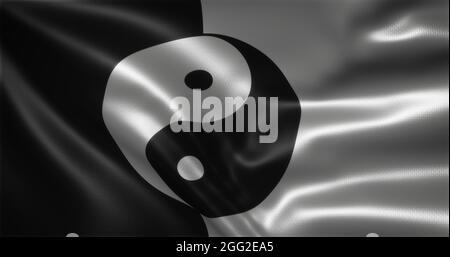 Yin Yang Flag, Chinese YinYang Flag with waving folds, close up view, 3D rendering Stock Photo