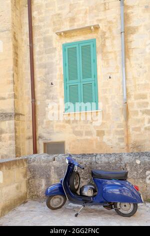 Matera, Italy - August 17, 2020: classic Vespa is one of the products of the industrial design world's most famous and most often used as a symbol of