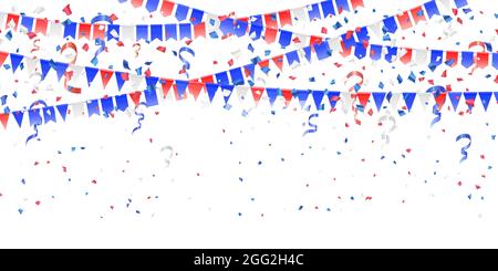 Red, white, blue flags, confetti on white. Concept in colors flag of USA, chile, france, netherland, australia, united kingdom. American Independence Stock Vector