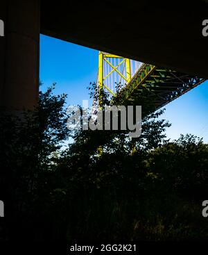 hiking trails under the A. Murray Mackay Bridge , in the north end of Halifax Stock Photo