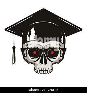 Human skull with graduate cap, glasses and red eyes isolated on white background. Vector illustration. Stock Vector