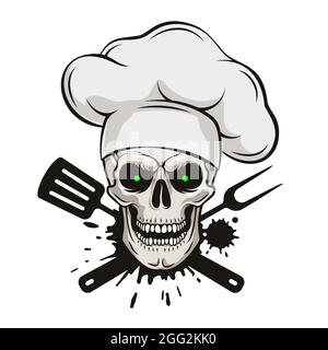 Grinning skull in chef hat with crossed barbecue tools. Cartoon chef skull in hand drawn style. Grill master, grunge vector illustration. Stock Vector