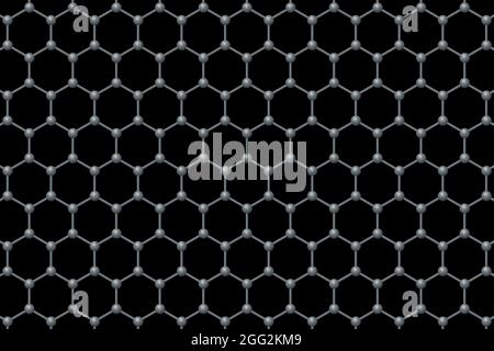 Graphene single layer background. Three-dimensional schematic molecular structure of graphene. Carbon atoms arranged in honeycomb lattice. Stock Photo