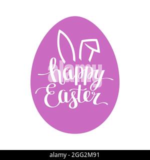 Pink Easter egg, Happy Easter lettering with bunny ears. Vector illustration Stock Vector