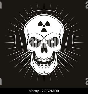 Vector grunge human skull with headphones and radiation sign. Stock Vector