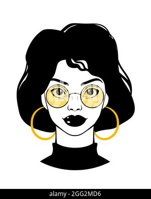 Beautiful woman. Cartoon girl wearing sunglasses and round earrings. Fashion Illustration on white background. Stock Vector