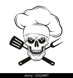 Grinning skull in chef hat with crossed barbecue tools. Cartoon chef skull in hand drawn style. Grill master, vector illustration. Stock Vector