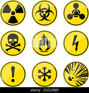 Warning signs set. Round danger icons. Radiation sign. Biohazard sign. Toxic sign. Nuclear symbol. Flammable symbol. Attention signs. Stock Vector