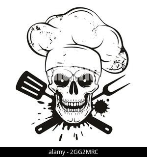 Grinning skull in chef hat with crossed barbecue tools. Cartoon chef skull in hand drawn style. Grill master, grunge vector illustration. Stock Vector