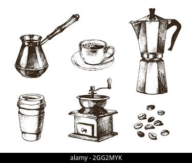 Vector coffee collection in ink hand drawn style. Coffee to go paper cup, coffee grinder, geyser coffee maker, cezve, beans, isolated on white. Stock Vector