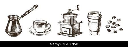 Vector coffee collection in ink hand drawn style. Cup of coffee, coffee to go paper cup, cezve, coffee grinder, beans, isolated on white. Stock Vector