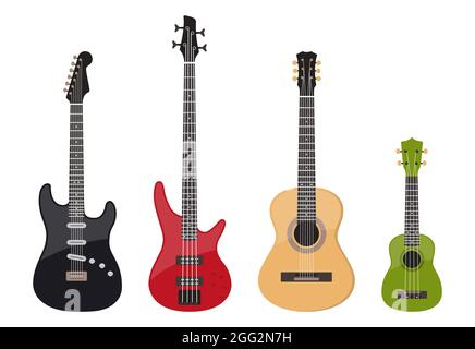 Various guitars set, electric guitar, bas-guitar, acoustic guitar and ukulele, vector isolated on white. Stock Vector