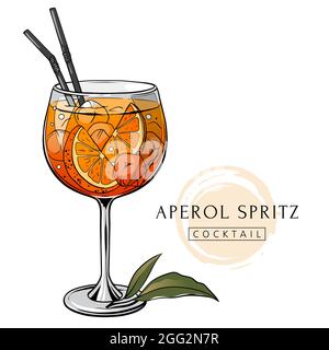Aperol spritz cocktail, hand drawn alcohol drink with orange slice and ice. Vector illustration. Stock Vector
