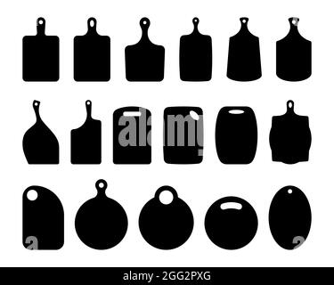 Set of cutting board silhouettes. Kitchen board contour. Boards for serving dishes, board for bread. Shapes for laser cutting, vector. Stock Vector