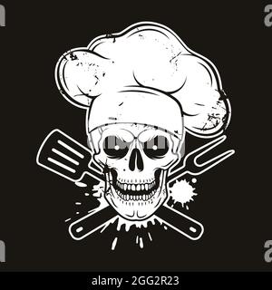 Grinning skull in chef hat with crossed barbecue tools. Cartoon chef skull in hand drawn style. Grill master, grunge vector illustration. Stock Vector