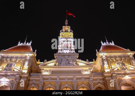 Ho Chi Minh, Vietnam - September  2015: People’s Committee Building Saigon by night, Saigon City Hall in French Colonial style architecture Stock Photo