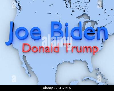 Republican Donald Trump vs Democrat Joe Biden  for American president on isolated map of USA Stock Photo