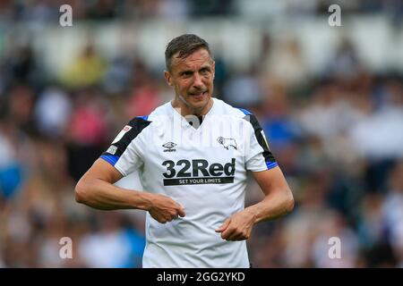 Derby, UK. 28th Aug, 2021. Phil Jagielka #6 of Derby County shouts instructions to his goalkeeper Kelle Roos in Derby, United Kingdom on 8/28/2021. (Photo by Conor Molloy/News Images/Sipa USA) Credit: Sipa USA/Alamy Live News Stock Photo
