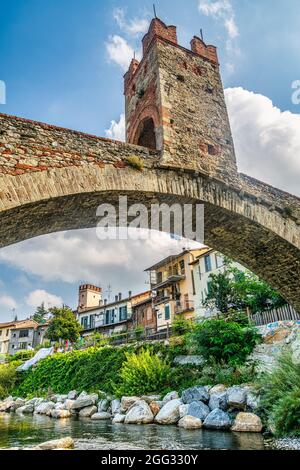 Ponte della Gaietta in Millesimo, Savona, Italy. The 'Ponte Fortificado' is the symbol of the city of Millesimo. Stock Photo