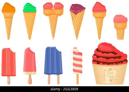 Illustration on theme big kit icecream sorbet different types in cone waffle cup. Icecream consisting of tasty milk sorbet on cone waffle cup. Sorbet Stock Vector