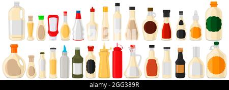 Illustration on theme big kit varied glass bottles filled liquid yogurt syrup. Bottles consisting of yogurt syrup, empty labels for titles. Yogurt syr Stock Vector