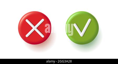 Tick and cross 3d icons, approve and decline signs red and green colors Stock Vector