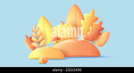 Autumn composition of 3d graphic elements, render modern graphic illustration of leaves, pumpkin and acorn in yellow colors on blue backdrop Stock Vector