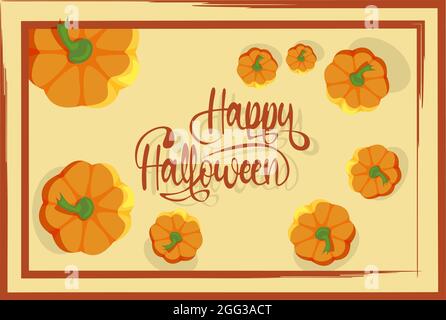 Composition with Halloween greeting card with pumpkins in frame and typography flat design Stock Vector