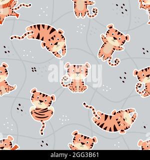 Seamless pattern with cute tigers. Sleeping, sitting playful striped tigers on a gray background with an abstract mesh pattern. Vector illustrations Stock Vector
