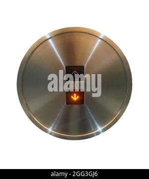 Elevator button up and down direction with down button beaming.  White isolated background Stock Photo