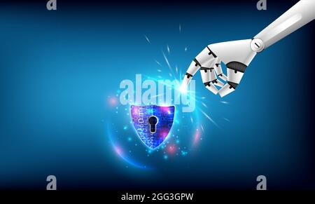 Artificial intelligence of security privacy safe. Robot finger touch on glowing sphere of hexagon and shield. High computer of protection. Technology Stock Vector