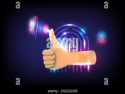 Futuristic technology glowing fingerprint. 3D thum up and qrcode on arm. Mobile scaning for unlock and safety privacy. Abstract social media backgroun Stock Vector