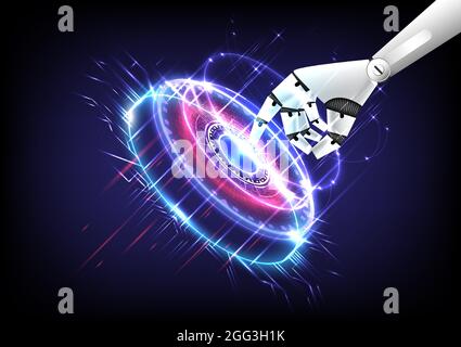 Futuristic technology robot touch on glowing HUD circle. Hi-tech Artificial intelligence of data computer. Machine learning of engineer. Bottom of con Stock Vector