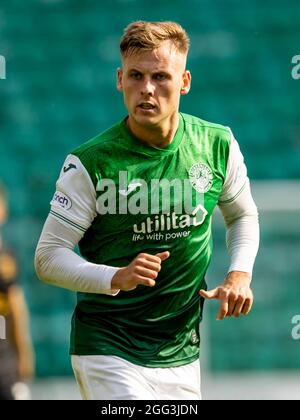 Easter Road, Leith, Edinburg, UK. 28th Aug, 2021. Scottish Premier League football, Hibernian versus Livingston; James Scott of Hibernian Credit: Action Plus Sports/Alamy Live News Stock Photo