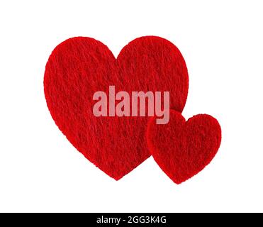 Large and small red felt valentine hearts isolated on a white background. Valentine day, love, passion and tendernes simbol for holiday, greeting card Stock Photo