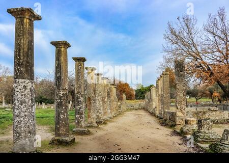 Pillars in rows where athletes trained in ancient Olympia Greece - home of the first games - the bottoms were smooth and the top fluted so tired men c Stock Photo