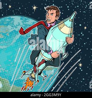 A businessman flies on a rocket, a startup Stock Vector
