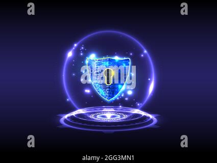 Futuristic glowing HUD of hologram padlock with keyhole-shield icon in personal data security. Cyber safety data or information privacy. Abstract holo Stock Vector